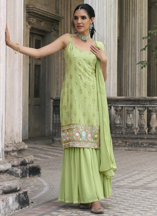 Faux Georgette Pista Green Party Wear Embroidery Work Sharara Suit